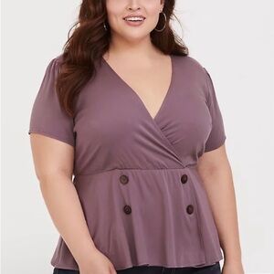 Torrid 2x Mauve Purple Stretch Challis Peplum Blouse Faux Double Breasted top